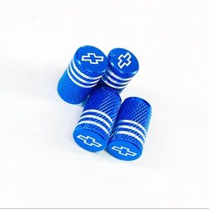 Set Of 4 Blue Silver Chevrolet Tire Valve Covers